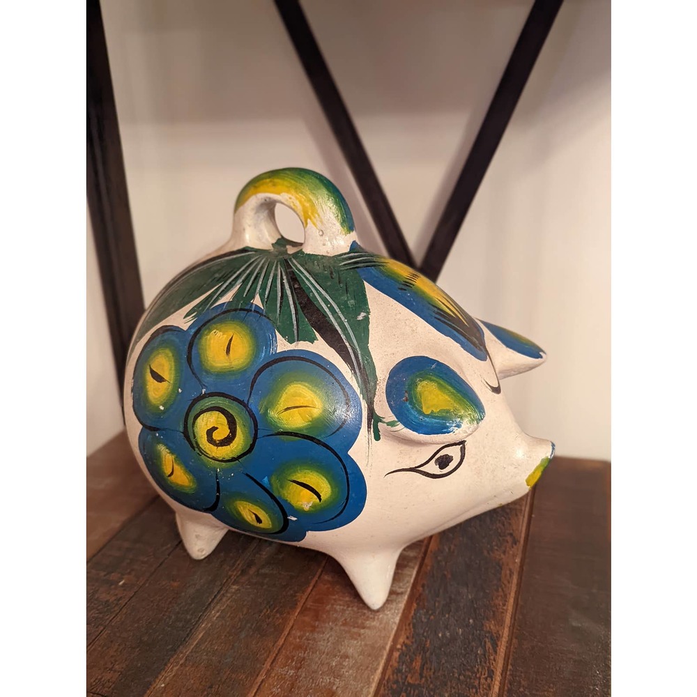 Vintage Mexican Handpainted Piggy Bank - Folk Art Pottery